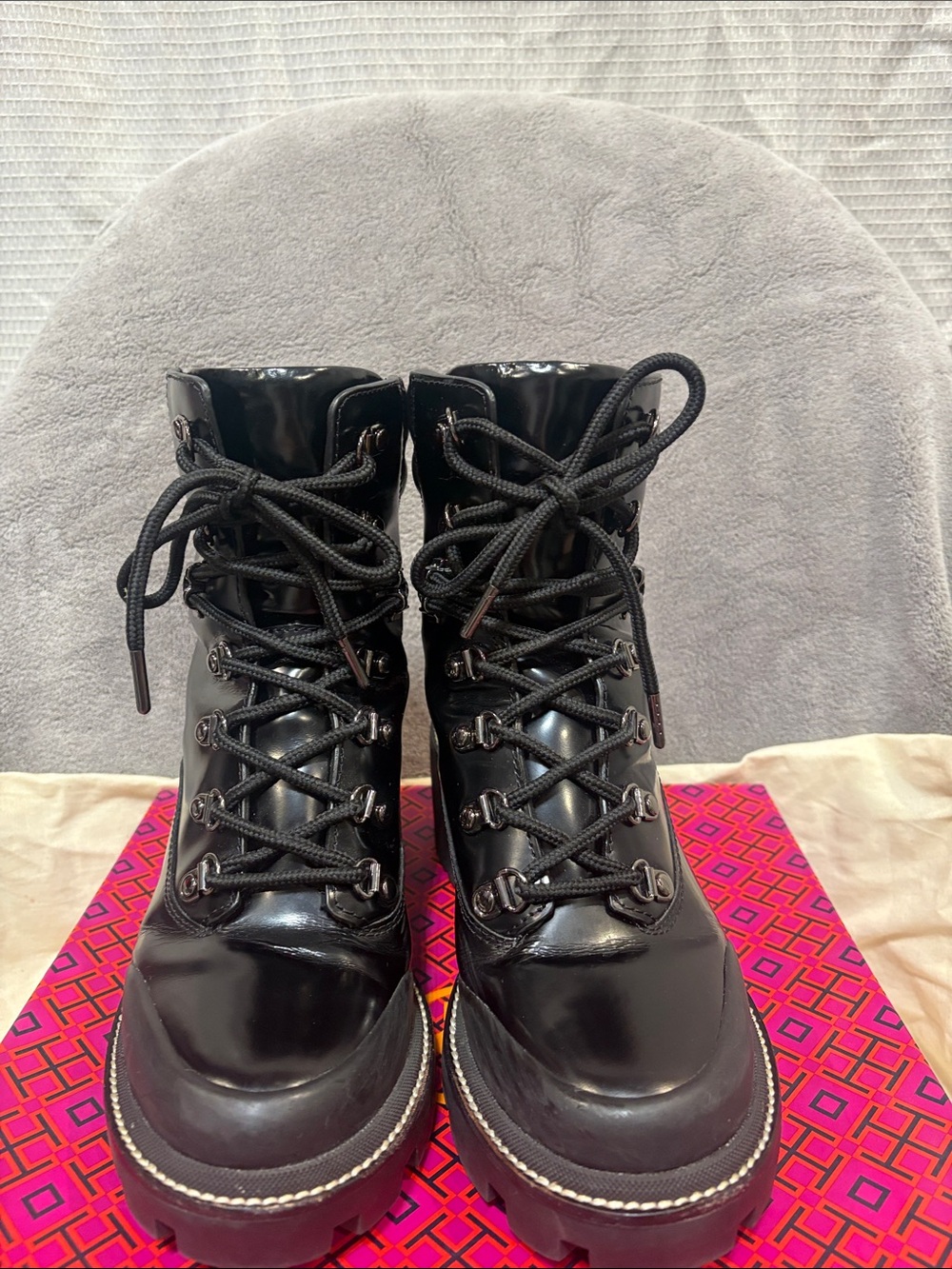 Tory Burch Black Patent Lace-Up Platform Boots
